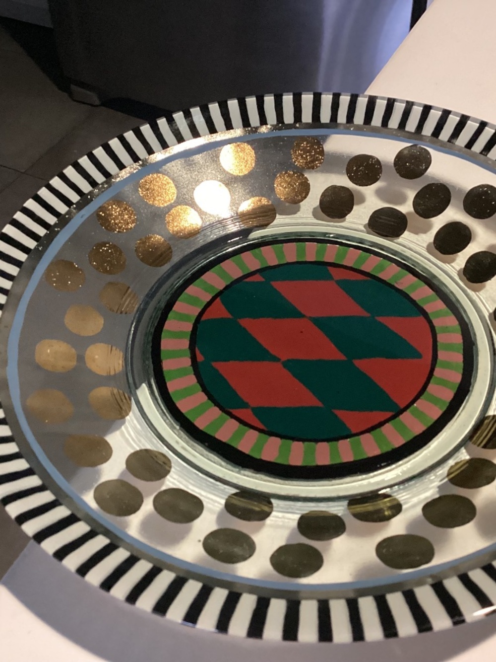 MacKenzie-Child’s11”  Glass  dish CIRCUS. PATTERN RARE HARLEQUIN PATTERN